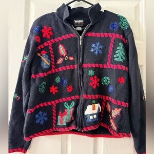 Black zip up Sweater with Festive Embroidery